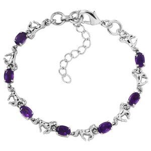 Genuine Amethyst Gemstone & Horse Charm Platinum Bond Bracelet (6.50-8.0In) NWT